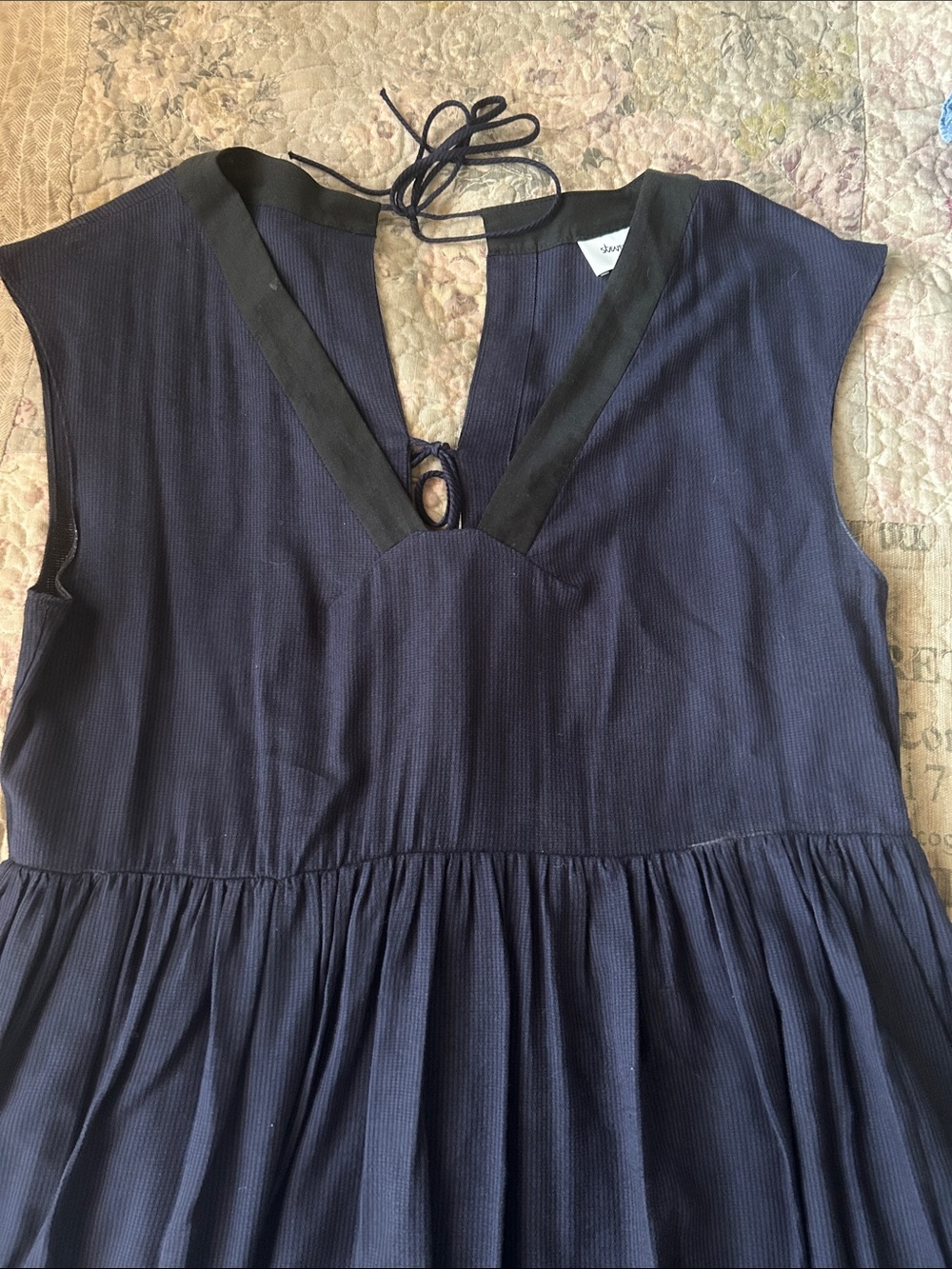 Steven Alan Navy Blue V-Neck Midi Dress with Black Trim